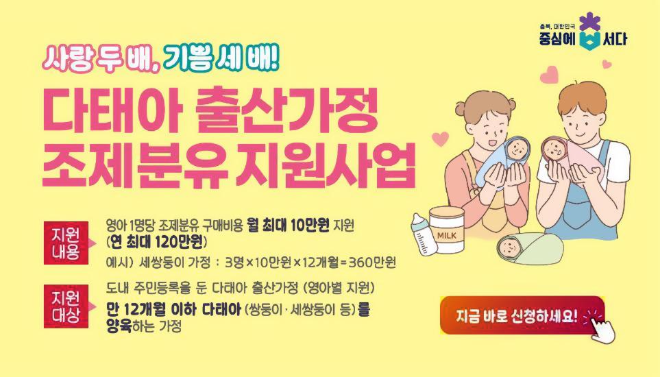 충북,대한민국 중심에 서다. 사랑 두 배, 기쁨 세 배! 다태아 출산가정 조제분유 지원사업 지원내용 영아1명당 조제분유 구매비용 월 최대 10만원 지윈(연 최대 120만원) 예시) 세쌍둥이 가정：3명x10만원X12개월=360만원 지원대상 도내 주민등록을 둔 다태아 출산가정（영아별 지원）만 12개월 이하 다태아(쌍둥이&middot;세쌍둥이 등)를 양육하는 가정 지금 바로 신청하세요！