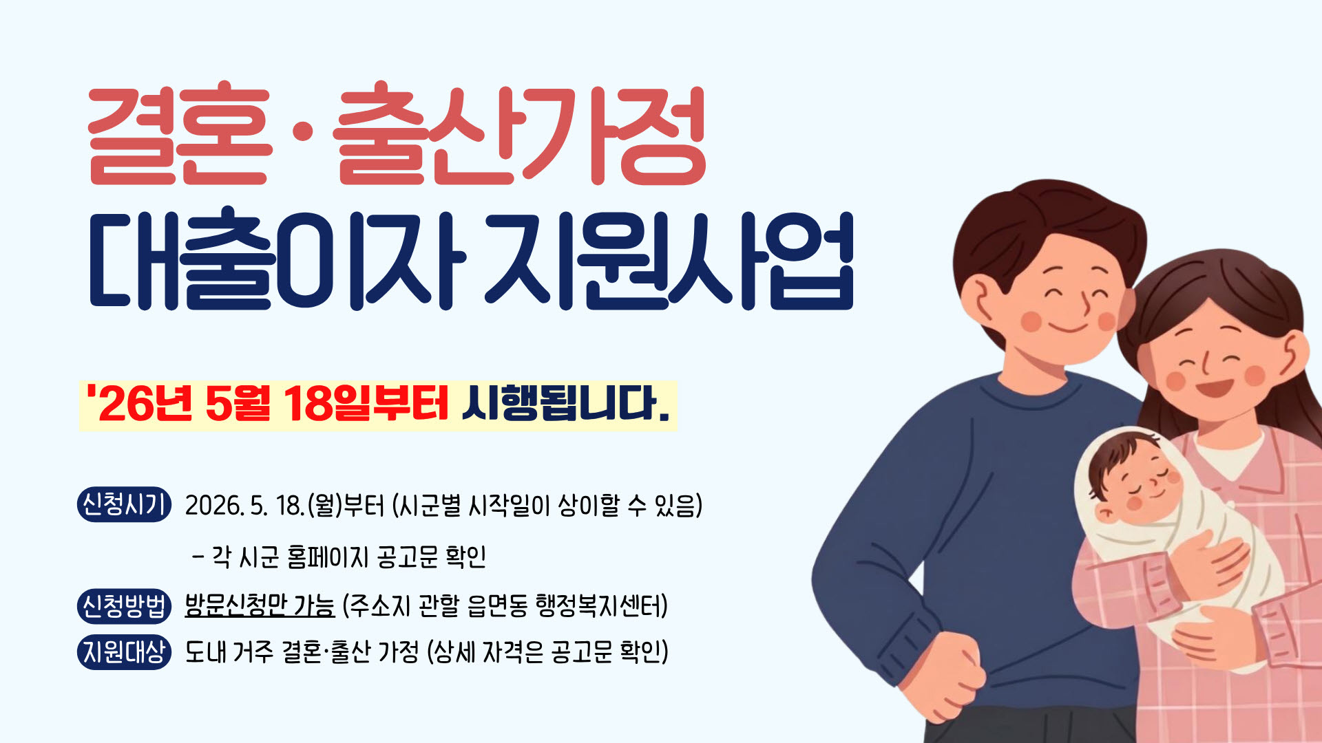 결혼&middot;출산가정 대출이자 지원사업 &rsquo;신청안내 26년 5월 18일 부터 시행됩니다. 신청시기 2026년 5월 18일 월요일부터, 시군별 시작일이 상이할 수 있음 -각 시군 홈페이지 공고문 확인 신청 방법 방문신청만 가능 주소지 관할 읍면동 행정복지센터 지원 대상 도내 거주 결혼&middot;출산 가정, 상세 자격은 공고문 확인